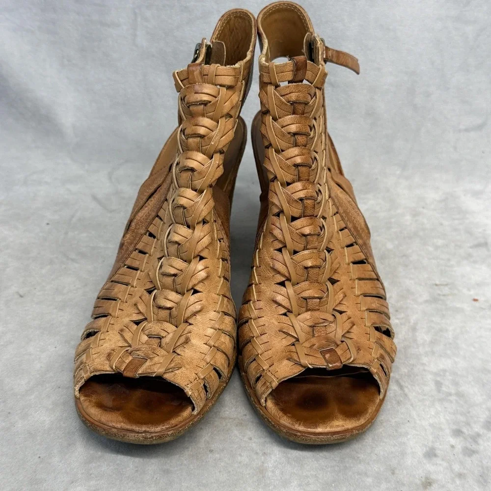 Paul Green Shoes Womens Size 6.5 Brown‎ Leather Woven Strappy Sandals Zip Heel